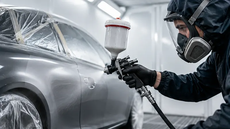 Vehicle being spray painted in the booth